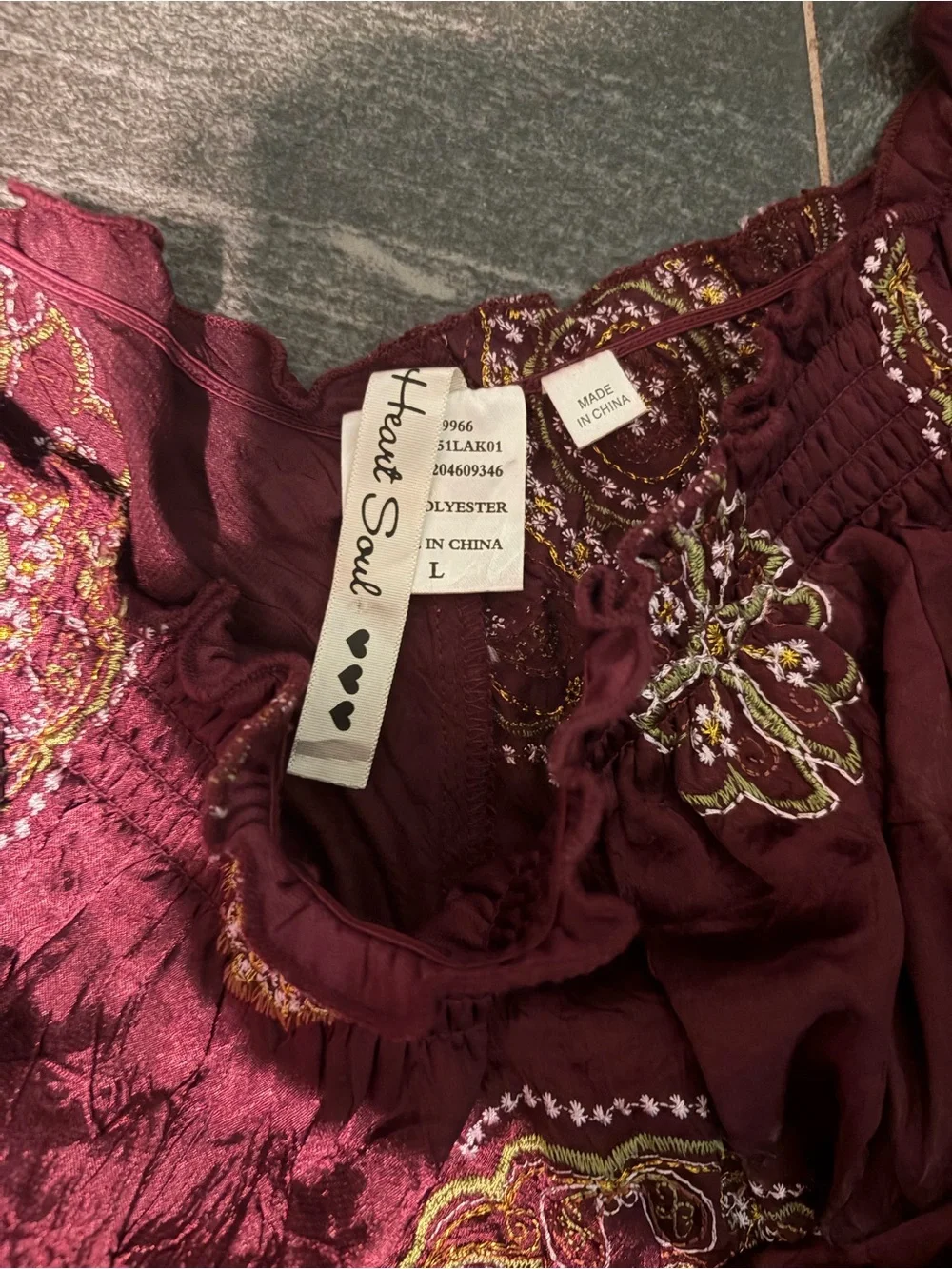 Heart Soul Burgundy Embroidered Peasant Dress